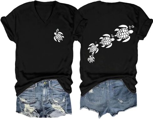 Sea Turtles Shirts for Women Funny Turtle Cute Heart Graphic Tees Summer Short Sleeve Tops Beach V Neck T-Shirt in Saudi Arabia