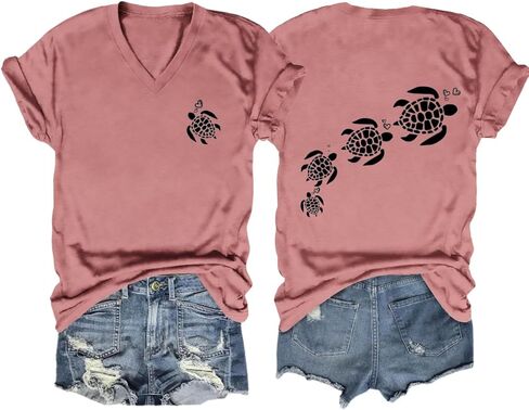 Sea Turtles Shirts for Women Funny Turtle Cute Heart Graphic Tees Summer Short Sleeve Tops Beach V Neck T-Shirt in Saudi Arabia