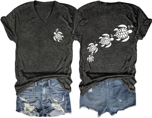 Sea Turtles Shirts for Women Funny Turtle Cute Heart Graphic Tees Summer Short Sleeve Tops Beach V Neck T-Shirt in Saudi Arabia