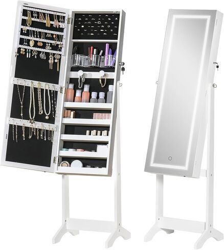 HOMCOM Floor Standing Jewelry Cabinet with LED Light, Lockable Jewelry Organizer with Full-Length Mirror, and 4 Adjustable Angles, Grey in Saudi Arabia