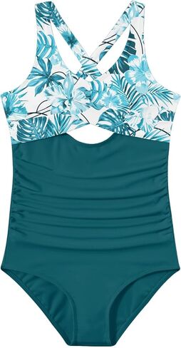 Girl Swimsuit One Piece Cutout Ruched Bathing Suits Adjustable Drawstring Swimwear with Pads Size 9-16 in Saudi Arabia