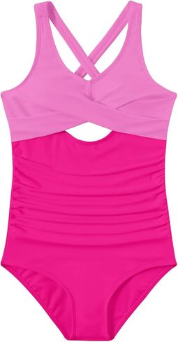 Girl Swimsuit One Piece Cutout Ruched Bathing Suits Adjustable Drawstring Swimwear with Pads Size 9-16 in Saudi Arabia