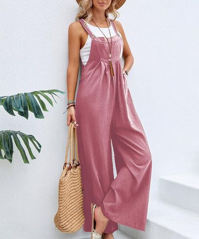 Women's Linen Jumpsuit Casual Wide Leg One Piece Overalls with Adjustable Straps Summer Bib Outfits With Pockets in Saudi Arabia