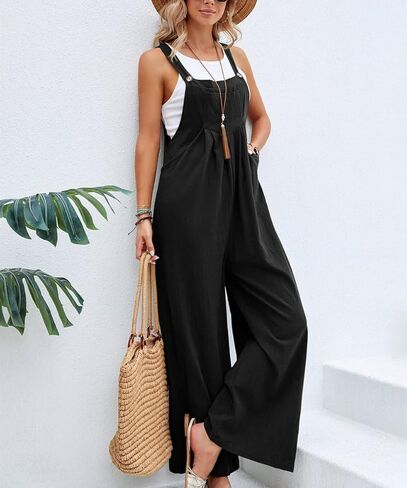 Women's Linen Jumpsuit Casual Wide Leg One Piece Overalls with Adjustable Straps Summer Bib Outfits With Pockets in Saudi Arabia