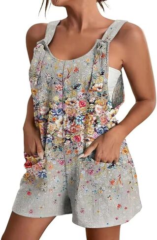 Plus Size Womens Casual Summer Print Rompers Tie Knot Strap Overalls Jumpsuit Shorts with Pockets in Saudi Arabia