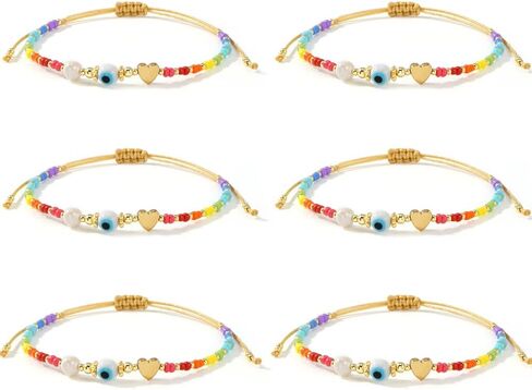 Cute 6Pcs Evil Eye Protection Amulet Lucky Gold Heart Bracelets Set for Women Adjustable Bulk Colorful Beaded Stackable Strand String Prom Friendship Summer Jewelry Gift in Saudi Arabia
