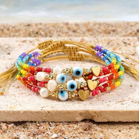 Cute 6Pcs Evil Eye Protection Amulet Lucky Gold Heart Bracelets Set for Women Adjustable Bulk Colorful Beaded Stackable Strand String Prom Friendship Summer Jewelry Gift in Saudi Arabia