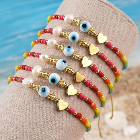 Cute 6Pcs Evil Eye Protection Amulet Lucky Gold Heart Bracelets Set for Women Adjustable Bulk Colorful Beaded Stackable Strand String Prom Friendship Summer Jewelry Gift in Saudi Arabia