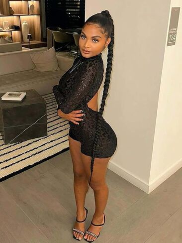Women Sexy One Piece Mesh Patchwork Short Jumpsuit See Through Long Sleeve Backless Club Bodycon Rompers in Kuwait