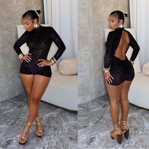 Women Sexy One Piece Mesh Patchwork Short Jumpsuit See Through Long Sleeve Backless Club Bodycon Rompers in Kuwait