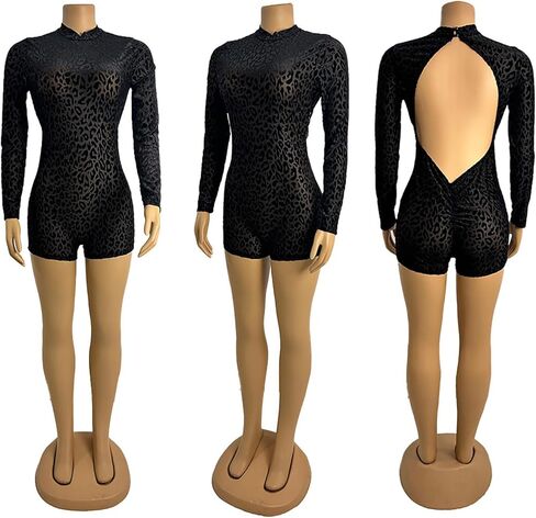 Women Sexy One Piece Mesh Patchwork Short Jumpsuit See Through Long Sleeve Backless Club Bodycon Rompers in Kuwait