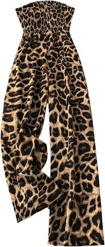 Floerns Women's Cheetah Print Strapless Tube Shirred Sleeveless Wide Leg Romper Jumpsuit in Saudi Arabia