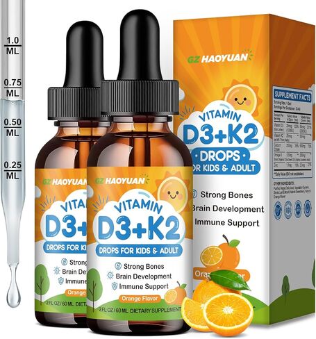 Vitamin D3 K2 Drops for Kids Liquid Supplement with Calcium, Omega 3, Zinc, Vitamin D3 K2 for Calcium Absorption Healthy Bones, Brain Development & Immune System, Non-GMO, Vegan, Orange Flavor 2 Fl Oz in Saudi Arabia