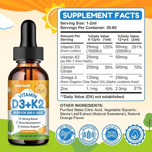 Vitamin D3 K2 Drops for Kids Liquid Supplement with Calcium, Omega 3, Zinc, Vitamin D3 K2 for Calcium Absorption Healthy Bones, Brain Development & Immune System, Non-GMO, Vegan, Orange Flavor 2 Fl Oz in Saudi Arabia