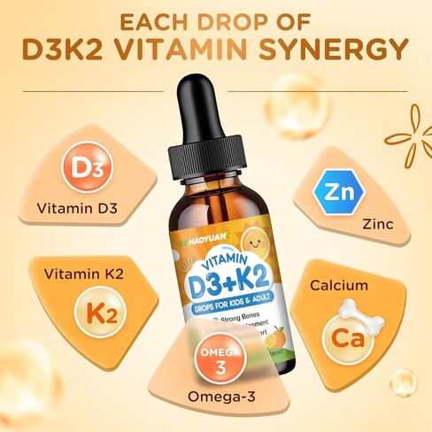 Vitamin D3 K2 Drops for Kids Liquid Supplement with Calcium, Omega 3, Zinc, Vitamin D3 K2 for Calcium Absorption Healthy Bones, Brain Development & Immune System, Non-GMO, Vegan, Orange Flavor 2 Fl Oz in Saudi Arabia