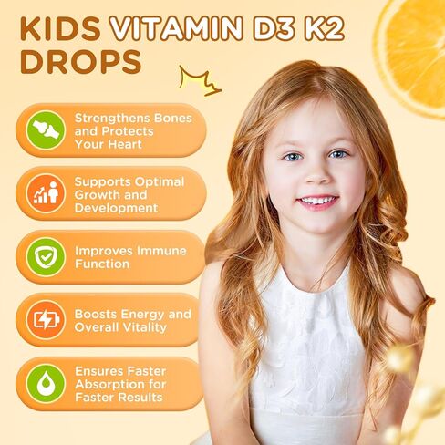 Vitamin D3 K2 Drops for Kids Liquid Supplement with Calcium, Omega 3, Zinc, Vitamin D3 K2 for Calcium Absorption Healthy Bones, Brain Development & Immune System, Non-GMO, Vegan, Orange Flavor 2 Fl Oz in Saudi Arabia