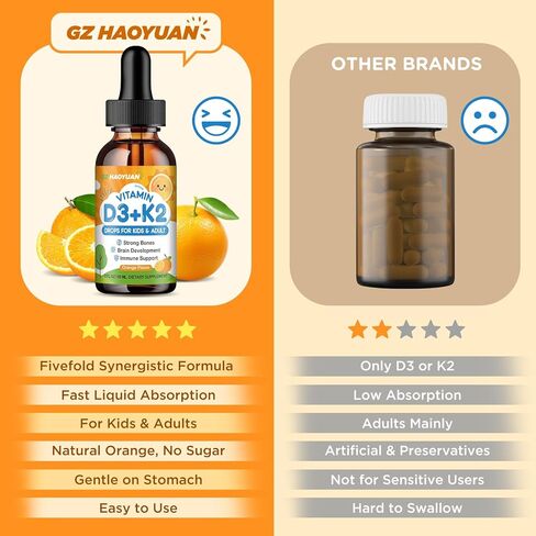 Vitamin D3 K2 Drops for Kids Liquid Supplement with Calcium, Omega 3, Zinc, Vitamin D3 K2 for Calcium Absorption Healthy Bones, Brain Development & Immune System, Non-GMO, Vegan, Orange Flavor 2 Fl Oz in Saudi Arabia