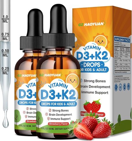 Vitamin D3 K2 Drops for Kids Liquid Supplement with Calcium, Omega 3, Zinc, Vitamin D3 K2 for Calcium Absorption Healthy Bones, Brain Development & Immune System, Non-GMO, Vegan, Orange Flavor 2 Fl Oz in Saudi Arabia