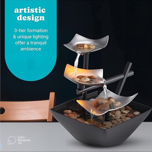 Indoor Tabletop Water Fountain (8.25" Tall) – Soothing Zen Décor with Automatic Pump, Deep Basin & Natural River Rocks for Home, Office, or Bedroom Relaxation in Saudi Arabia
