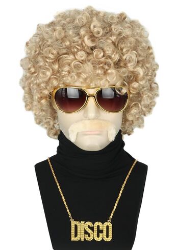 Topcosplay Men or Women Afro Wig Blonde 70s 80s Disco Hippies Rock Party Outfit Short Curly Wigs Halloween Costume Accessories 5pcs Set in Saudi Arabia