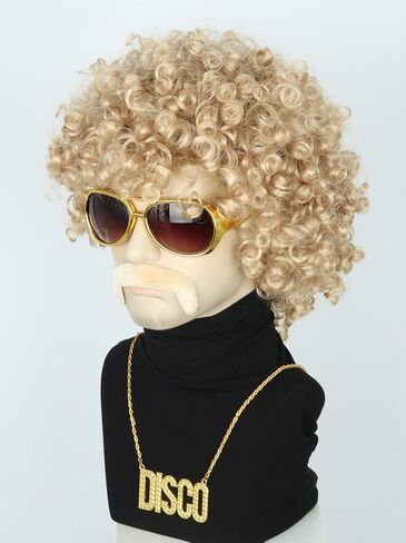 Topcosplay Men or Women Afro Wig Blonde 70s 80s Disco Hippies Rock Party Outfit Short Curly Wigs Halloween Costume Accessories 5pcs Set in Saudi Arabia