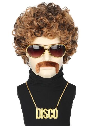 Topcosplay Men or Women Afro Wig Blonde 70s 80s Disco Hippies Rock Party Outfit Short Curly Wigs Halloween Costume Accessories 5pcs Set in Saudi Arabia