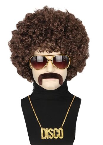 Topcosplay Men or Women Afro Wig Blonde 70s 80s Disco Hippies Rock Party Outfit Short Curly Wigs Halloween Costume Accessories 5pcs Set in Saudi Arabia