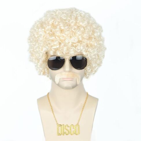 Topcosplay Men or Women Afro Wig Blonde 70s 80s Disco Hippies Rock Party Outfit Short Curly Wigs Halloween Costume Accessories 5pcs Set in Saudi Arabia