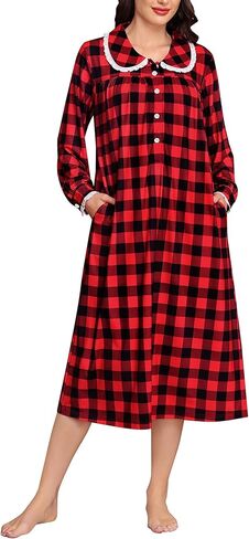 YOZLY Plaid Nightgown for Women Christmas Lace Trim Long Sleeve House Coat with Pockets S-3XL in Saudi Arabia