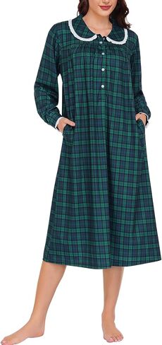 YOZLY Plaid Nightgown for Women Christmas Lace Trim Long Sleeve House Coat with Pockets S-3XL in Saudi Arabia