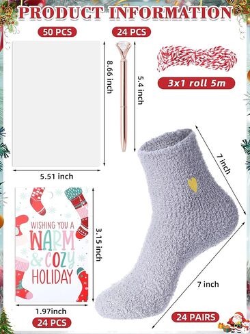 24 Sets Christmas Sock Gifts Holiday Xmas Fluffy Winter Warm Socks Bulk and Colorful Creative Fun Tags and Bags for Women Holiday Party Goodie Bag in Saudi Arabia