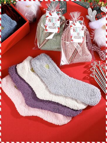 24 Sets Christmas Sock Gifts Holiday Xmas Fluffy Winter Warm Socks Bulk and Colorful Creative Fun Tags and Bags for Women Holiday Party Goodie Bag in Saudi Arabia