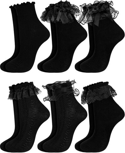 6 Pairs Women Casual Ruffle Lace Ankle Socks Cute Breathable Thin Cool Frilly Socks in Saudi Arabia