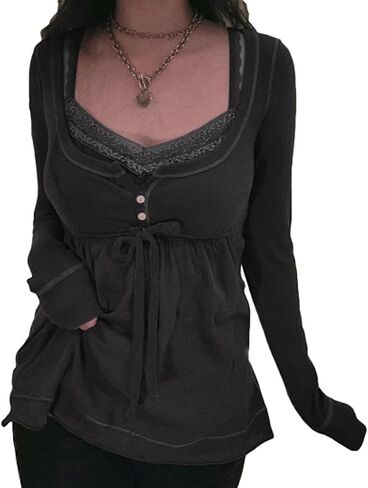 Women Y2K Long Sleeve Babydoll Top Coquette Lace Trim V Neck Crop Top Fall Spring Pullover 90s Cottage Blouse Shirt in Saudi Arabia
