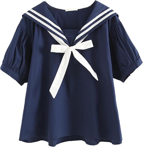 CORIRESHA Women's Preppy Style Short Sleeve Sailor Collar Blouse Bow Knot Summer Casual Loose Shirt in Saudi Arabia