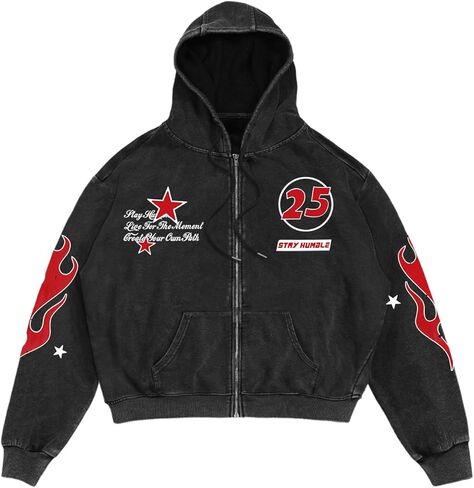 Verdusa Men's Washed Graphic Hoodies Grunge Vintage Lightweight Hip Hop Zip Up Sweatshirt in Saudi Arabia