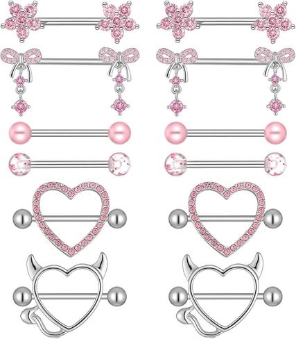 6 Pairs Pink Silver Nipple Piercing Jewelry Set, Nipple Rings for Women, Stainless Steel Heart Bow CZ Flower Barbell in Saudi Arabia