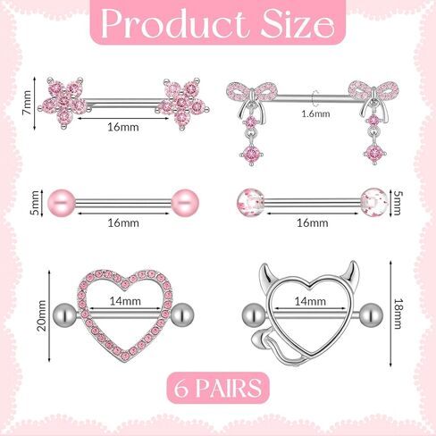 6 Pairs Pink Silver Nipple Piercing Jewelry Set, Nipple Rings for Women, Stainless Steel Heart Bow CZ Flower Barbell in Saudi Arabia