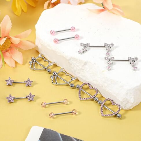 6 Pairs Pink Silver Nipple Piercing Jewelry Set, Nipple Rings for Women, Stainless Steel Heart Bow CZ Flower Barbell in Saudi Arabia