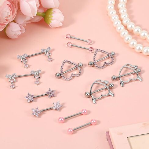 6 Pairs Pink Silver Nipple Piercing Jewelry Set, Nipple Rings for Women, Stainless Steel Heart Bow CZ Flower Barbell in Saudi Arabia