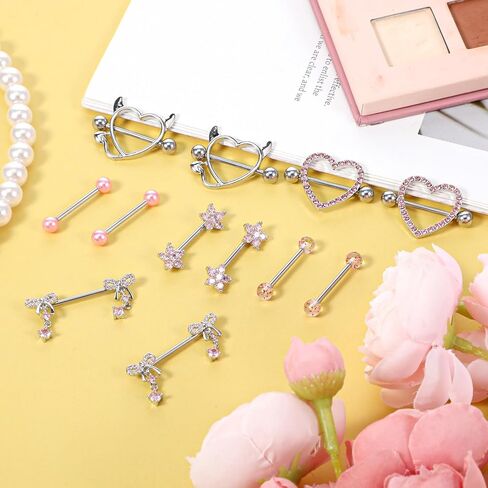 6 Pairs Pink Silver Nipple Piercing Jewelry Set, Nipple Rings for Women, Stainless Steel Heart Bow CZ Flower Barbell in Saudi Arabia