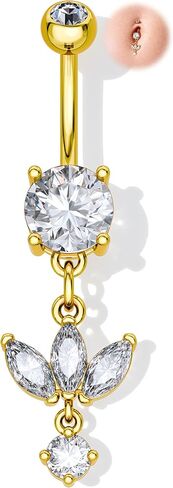 Melighting Minimalist Lotus Belly Button Ring 14G 10mm خاتم السرة مع ثلاث بتلات ماركيز تشيكوسلوفاكيا والزركون المستدير المتدلي، مجوهرات ثقب البطن من الفولاذ المقاوم للصدأ 316L باللون الذهبي أو الفضي in Kuwait