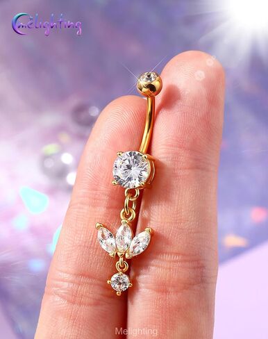 Melighting Minimalist Lotus Belly Button Ring 14G 10mm خاتم السرة مع ثلاث بتلات ماركيز تشيكوسلوفاكيا والزركون المستدير المتدلي، مجوهرات ثقب البطن من الفولاذ المقاوم للصدأ 316L باللون الذهبي أو الفضي in Kuwait