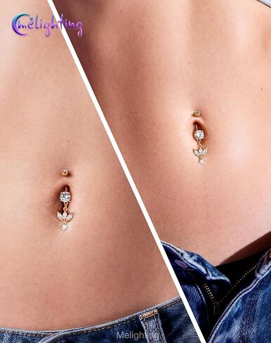 Melighting Minimalist Lotus Belly Button Ring 14G 10mm خاتم السرة مع ثلاث بتلات ماركيز تشيكوسلوفاكيا والزركون المستدير المتدلي، مجوهرات ثقب البطن من الفولاذ المقاوم للصدأ 316L باللون الذهبي أو الفضي in Kuwait