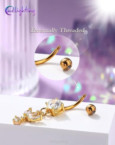 Melighting Minimalist Lotus Belly Button Ring 14G 10mm خاتم السرة مع ثلاث بتلات ماركيز تشيكوسلوفاكيا والزركون المستدير المتدلي، مجوهرات ثقب البطن من الفولاذ المقاوم للصدأ 316L باللون الذهبي أو الفضي in Kuwait