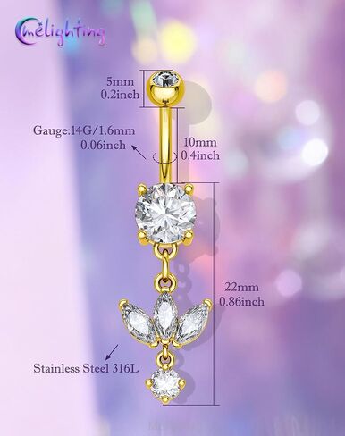 Melighting Minimalist Lotus Belly Button Ring 14G 10mm خاتم السرة مع ثلاث بتلات ماركيز تشيكوسلوفاكيا والزركون المستدير المتدلي، مجوهرات ثقب البطن من الفولاذ المقاوم للصدأ 316L باللون الذهبي أو الفضي in Kuwait