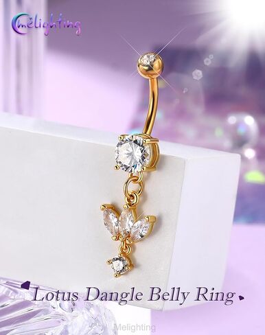 Melighting Minimalist Lotus Belly Button Ring 14G 10mm خاتم السرة مع ثلاث بتلات ماركيز تشيكوسلوفاكيا والزركون المستدير المتدلي، مجوهرات ثقب البطن من الفولاذ المقاوم للصدأ 316L باللون الذهبي أو الفضي in Kuwait