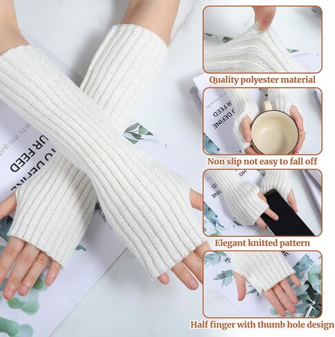 White Y2K Arm Warmers, White Long Fingerless Knitted Gloves with Thumb Hole, Harajuku Kawaii Punk Gothic Arm Sleeves for Women & Men, Grunge Accessories for Band Party Halloween Christmas in Saudi Arabia