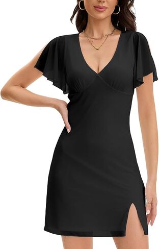 Women's Sexy Deep V Neck Ruffle Sleeve Mini Dresses Summer Side Slit Mesh Bodycon Cocktail Party Club Short Dress in Kuwait