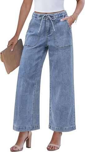 GRAPENT Wide Leg Jeans for Women Trendy High Waisted Drawstring Tie Elastic Waist Stretchy Denim Pants Trouser Jeans in Saudi Arabia